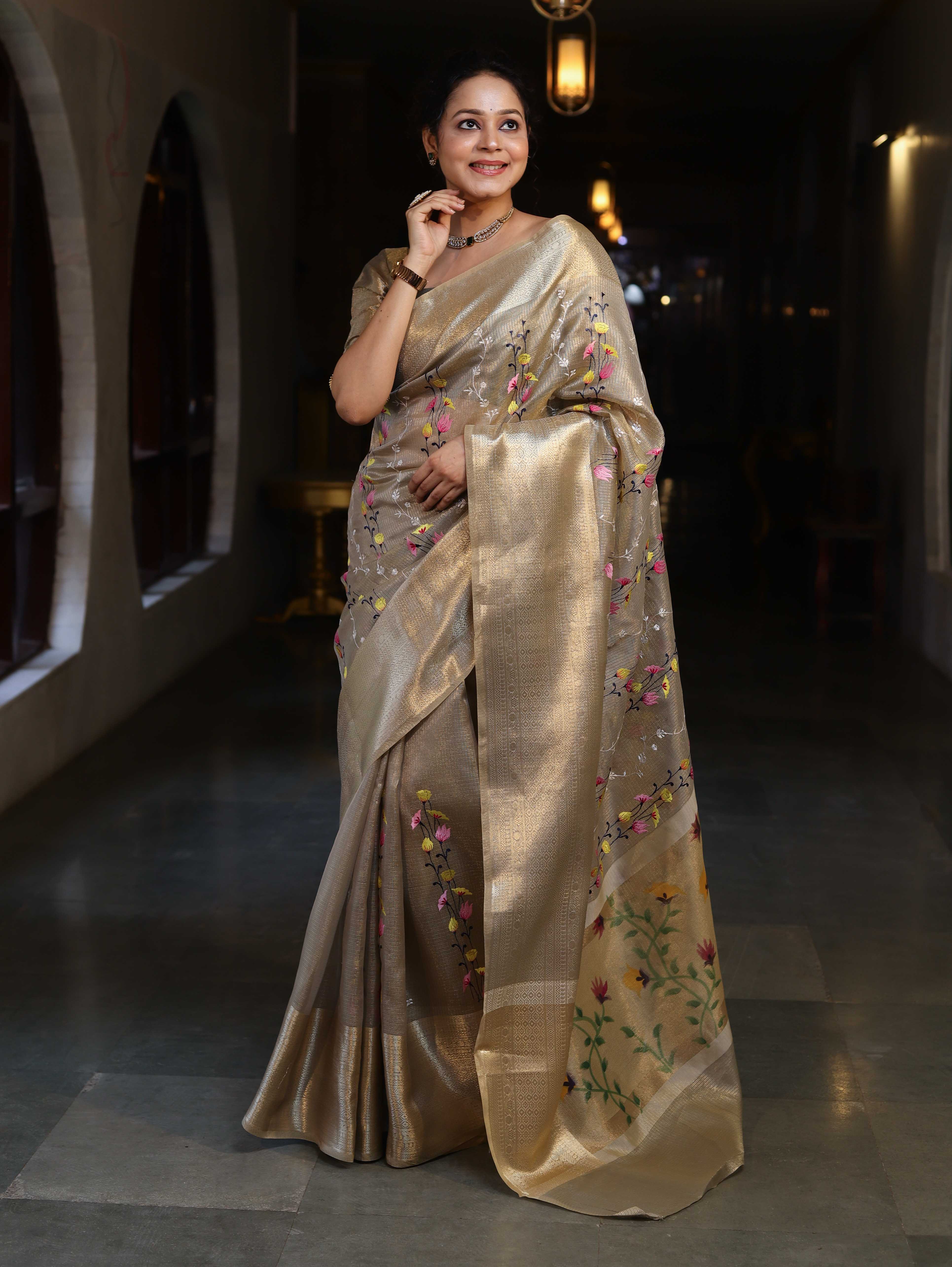 Banarasee Handwoven Tissue Saree With Thread Embroidery Digital Prints & Zari Border-Gold