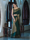 Banarasee Handloom Cotton Silk Plain Saree With Antique Zari Border-Deep Green