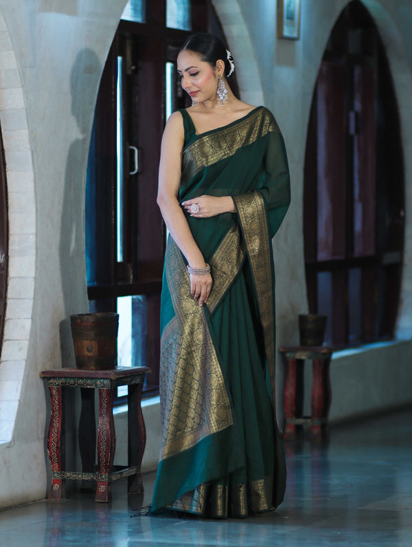 Banarasee Handloom Cotton Silk Plain Saree With Antique Zari Border-Deep Green