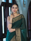 Banarasee Handloom Cotton Silk Plain Saree With Antique Zari Border-Deep Green