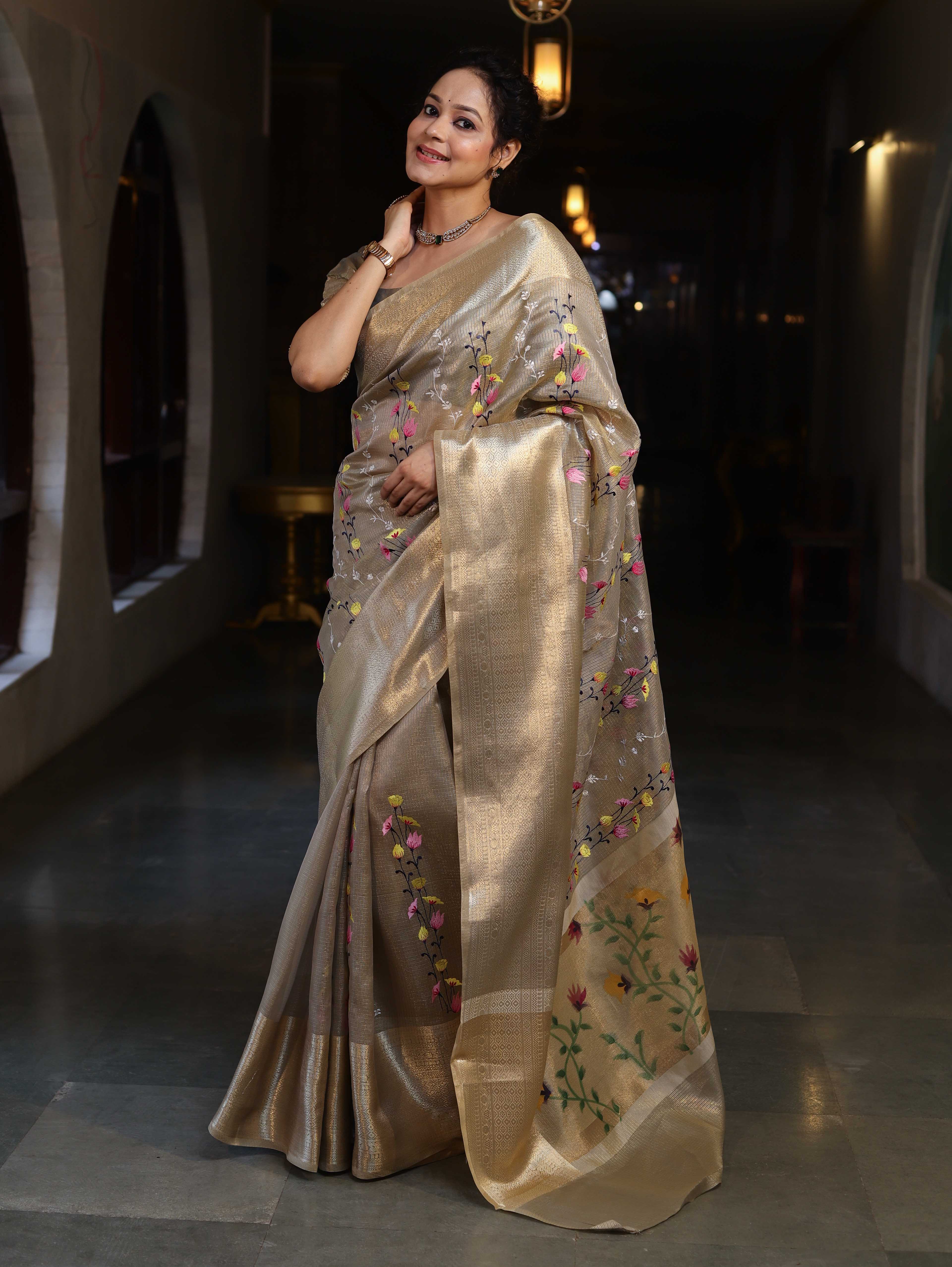 Banarasee Handwoven Tissue Saree With Thread Embroidery Digital Prints & Zari Border-Gold