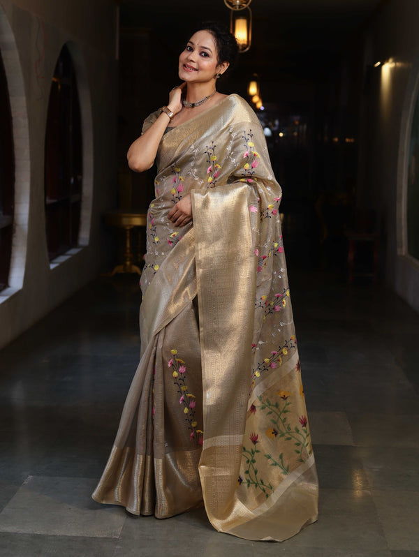 Banarasee Handwoven Tissue Saree With Thread Embroidery Digital Prints & Zari Border-Gold