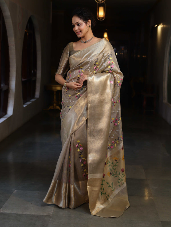Banarasee Handwoven Tissue Saree With Thread Embroidery Digital Prints & Zari Border-Gold