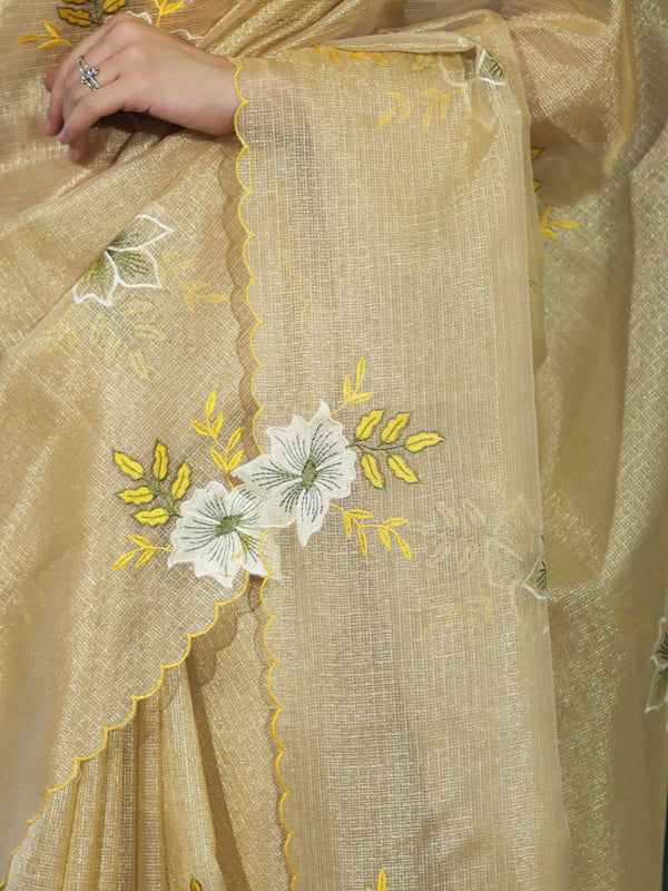 Banarasee Tissue Saree With Resham Embroidery Applique Work Pallu & Scallop Border-Yellow (Gold Tone)