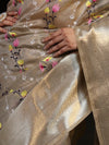 Banarasee Handwoven Tissue Saree With Thread Embroidery Digital Prints & Zari Border-Gold
