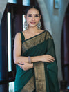Banarasee Handloom Cotton Silk Plain Saree With Antique Zari Border-Deep Green