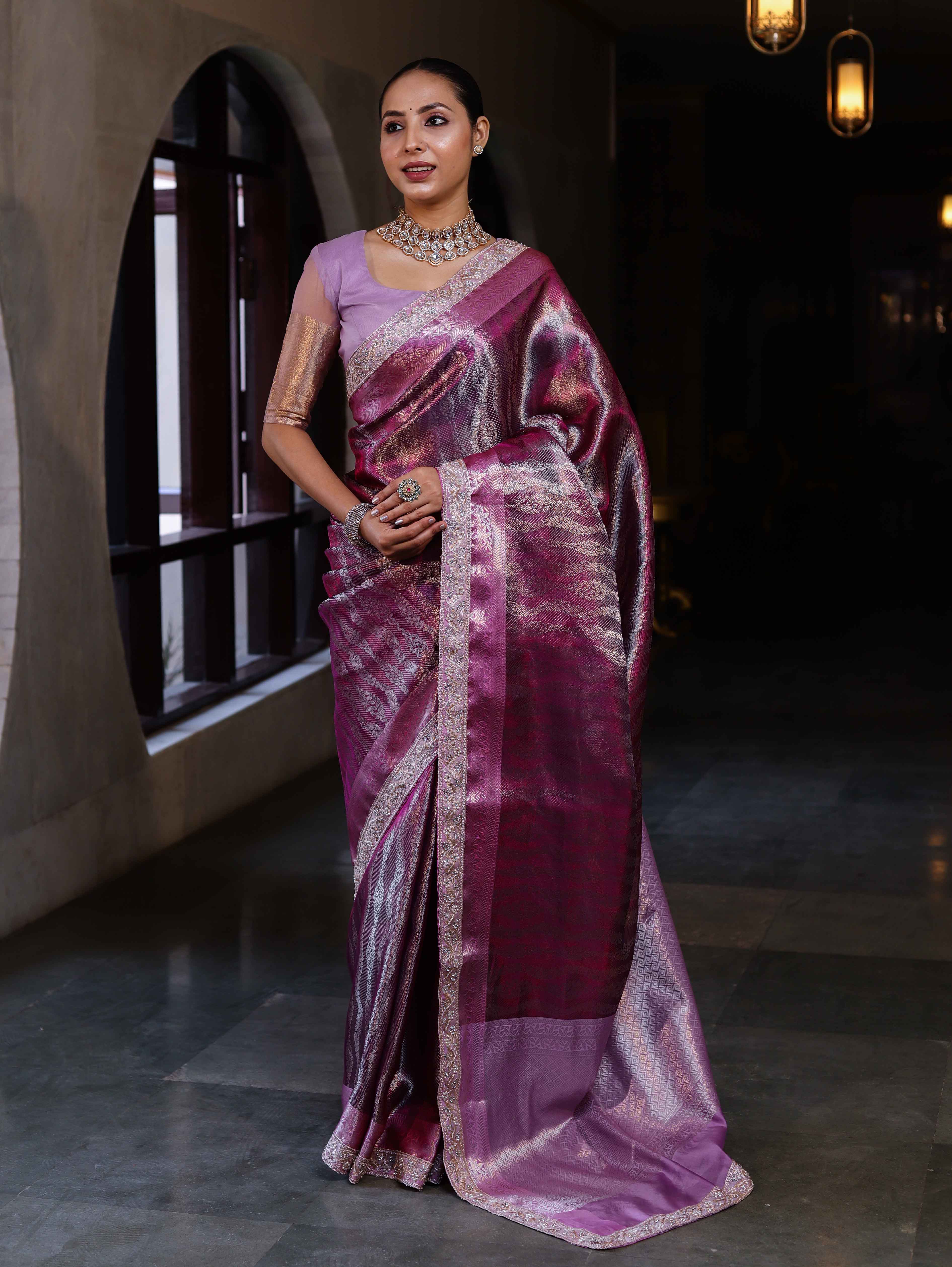 Banarasee Handwoven Tissue Saree With Zari Woven Design Contrast Border & Lace-Magenta and Light Pink