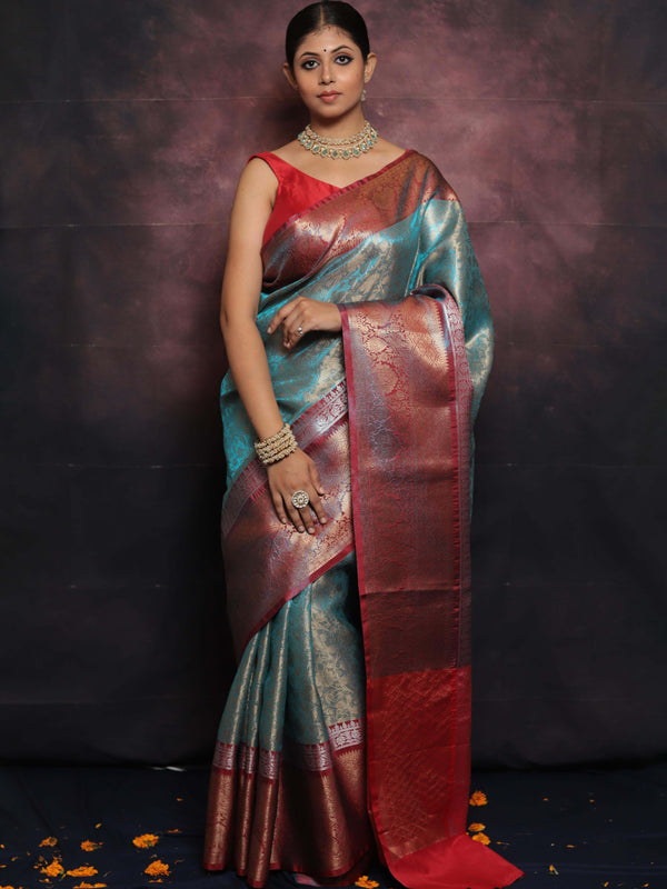 Banarasee Handwoven Broad Border Zari Jaal Design Tissue Saree-Blue