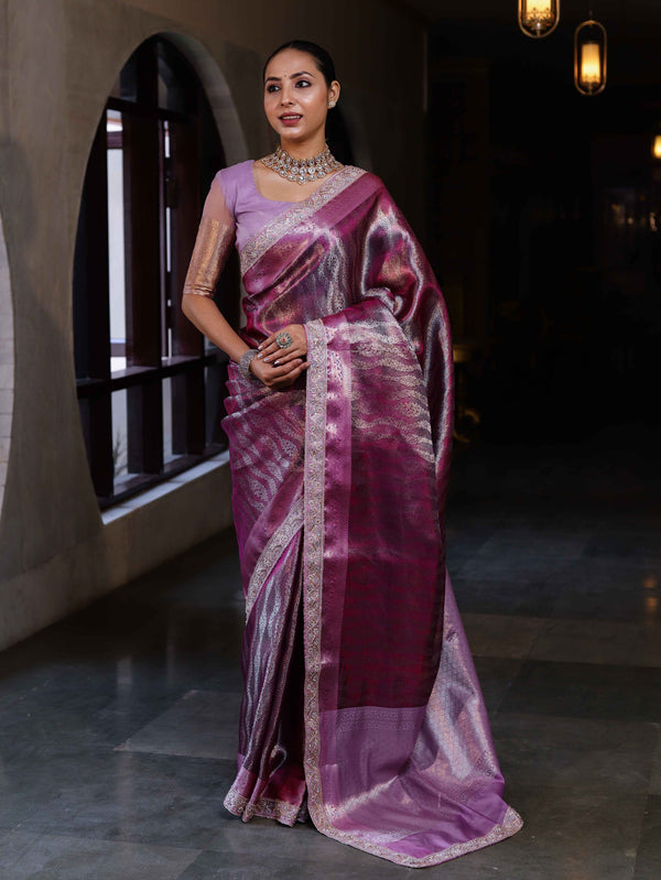 Banarasee Handwoven Tissue Saree With Zari Woven Design Contrast Border & Lace-Magenta and Light Pink