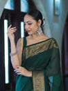 Banarasee Handloom Cotton Silk Plain Saree With Antique Zari Border-Deep Green