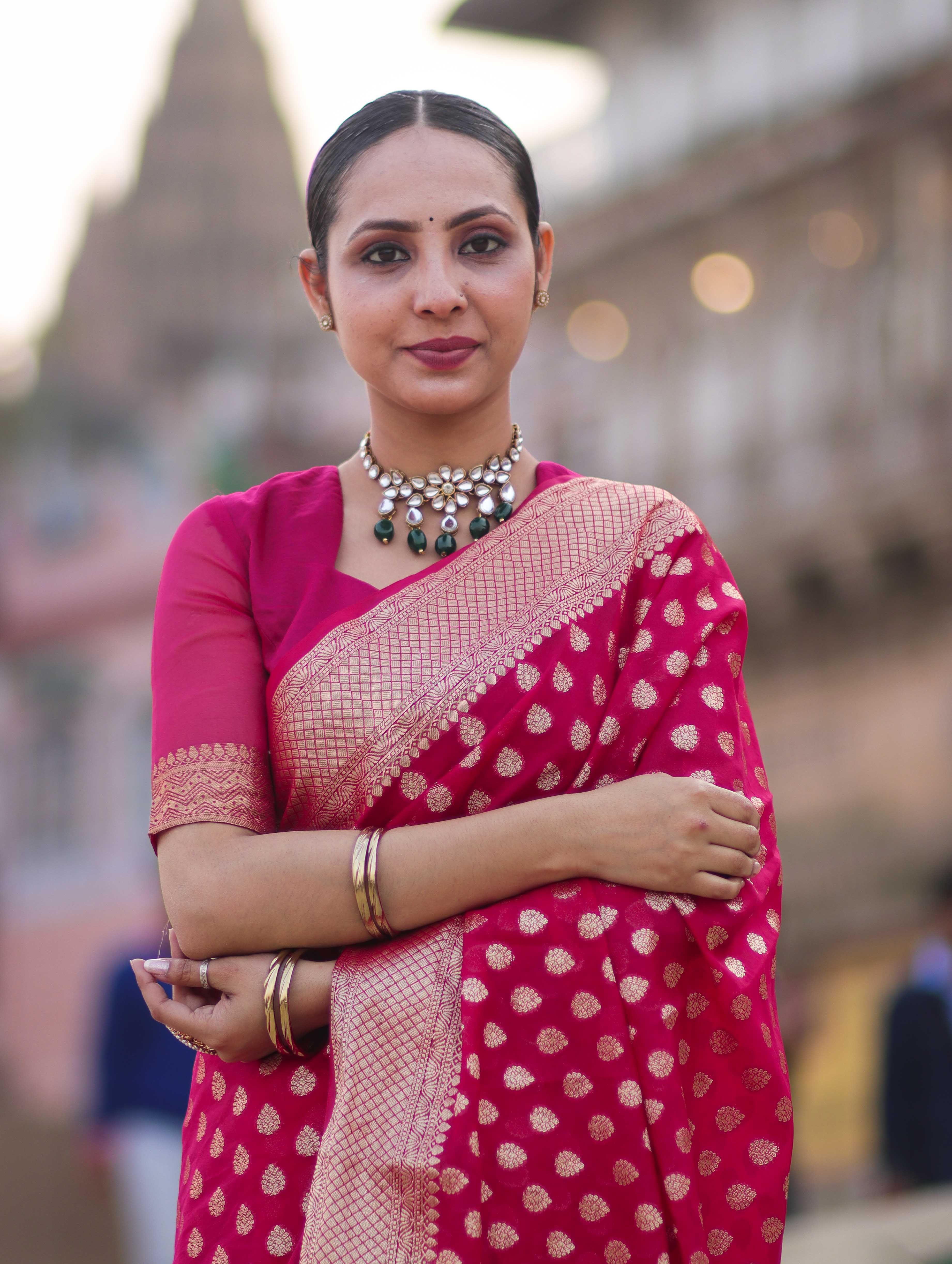 Banarasee Handwoven Georgette Saree With Zari Buta Design & Border-Pink