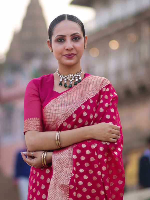 Banarasee Handwoven Georgette Saree With Zari Buta Design & Border-Pink