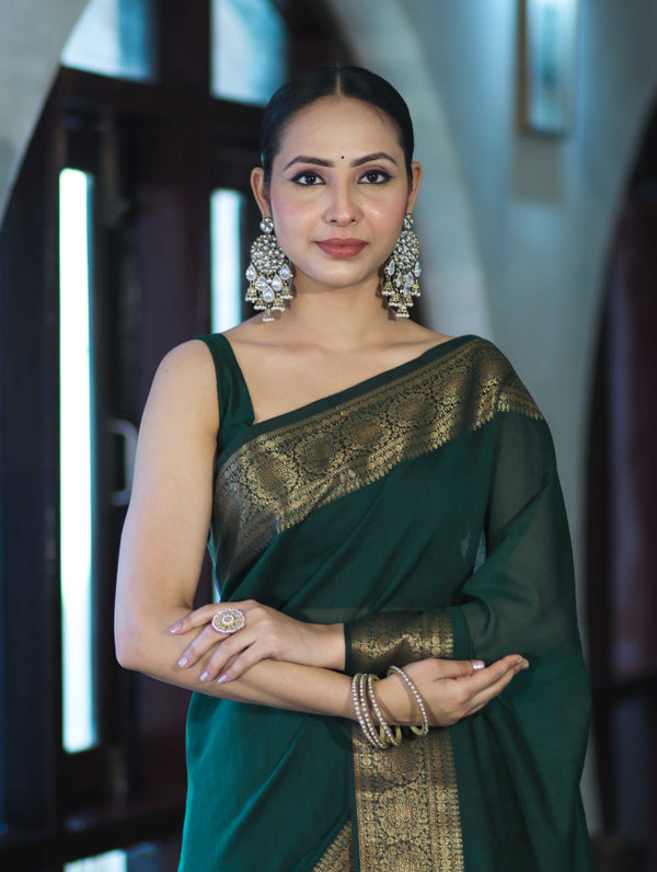 Banarasee Handloom Cotton Silk Plain Saree With Antique Zari Border-Deep Green