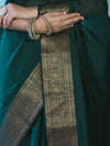 Banarasee Handloom Cotton Silk Plain Saree With Antique Zari Border-Deep Green