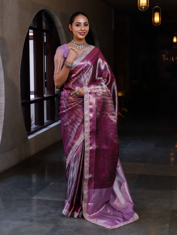 Banarasee Handwoven Tissue Saree With Zari Woven Design Contrast Border & Lace-Magenta and Light Pink