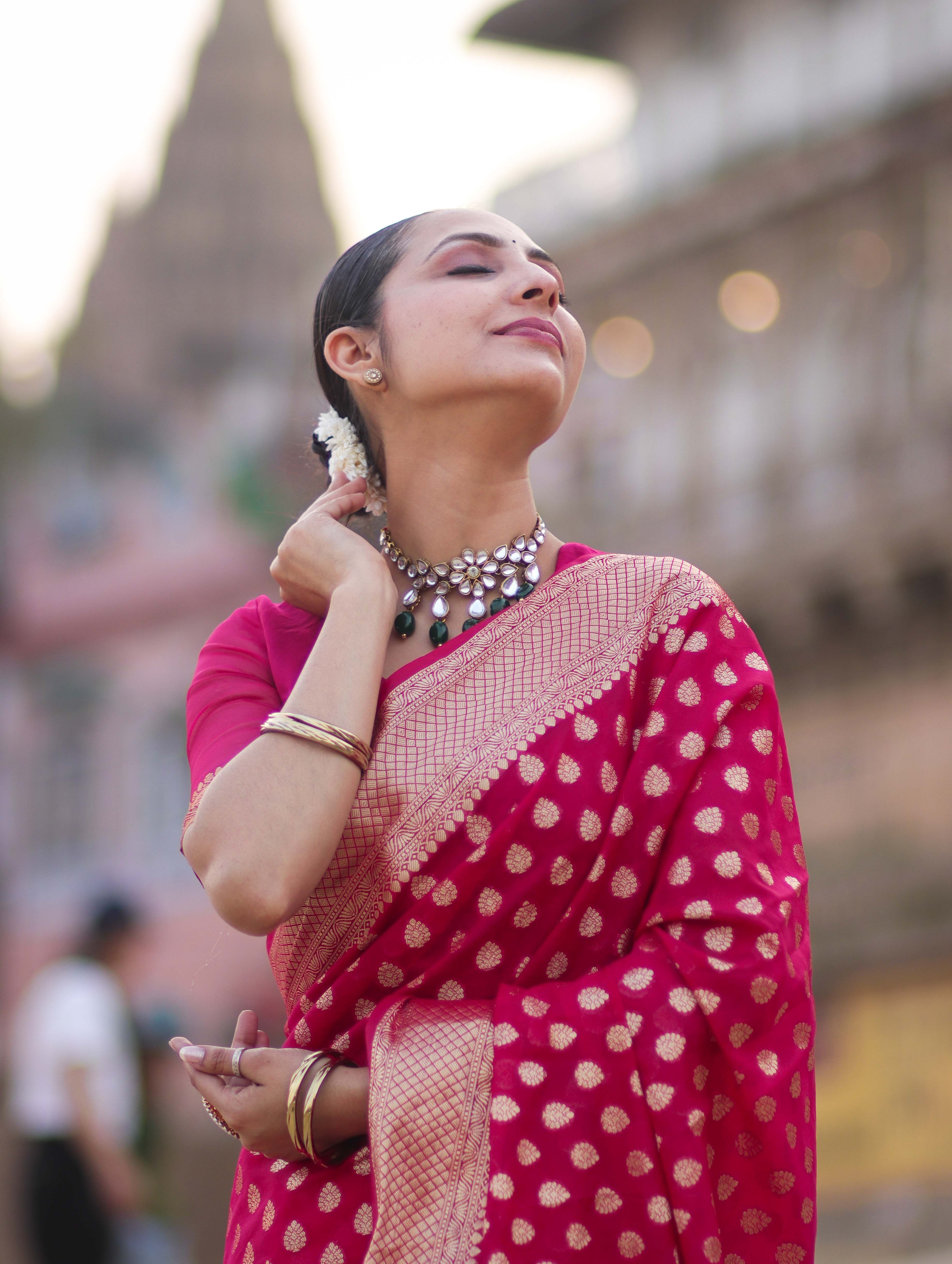 Banarasee Handwoven Georgette Saree With Zari Buta Design & Border-Pink