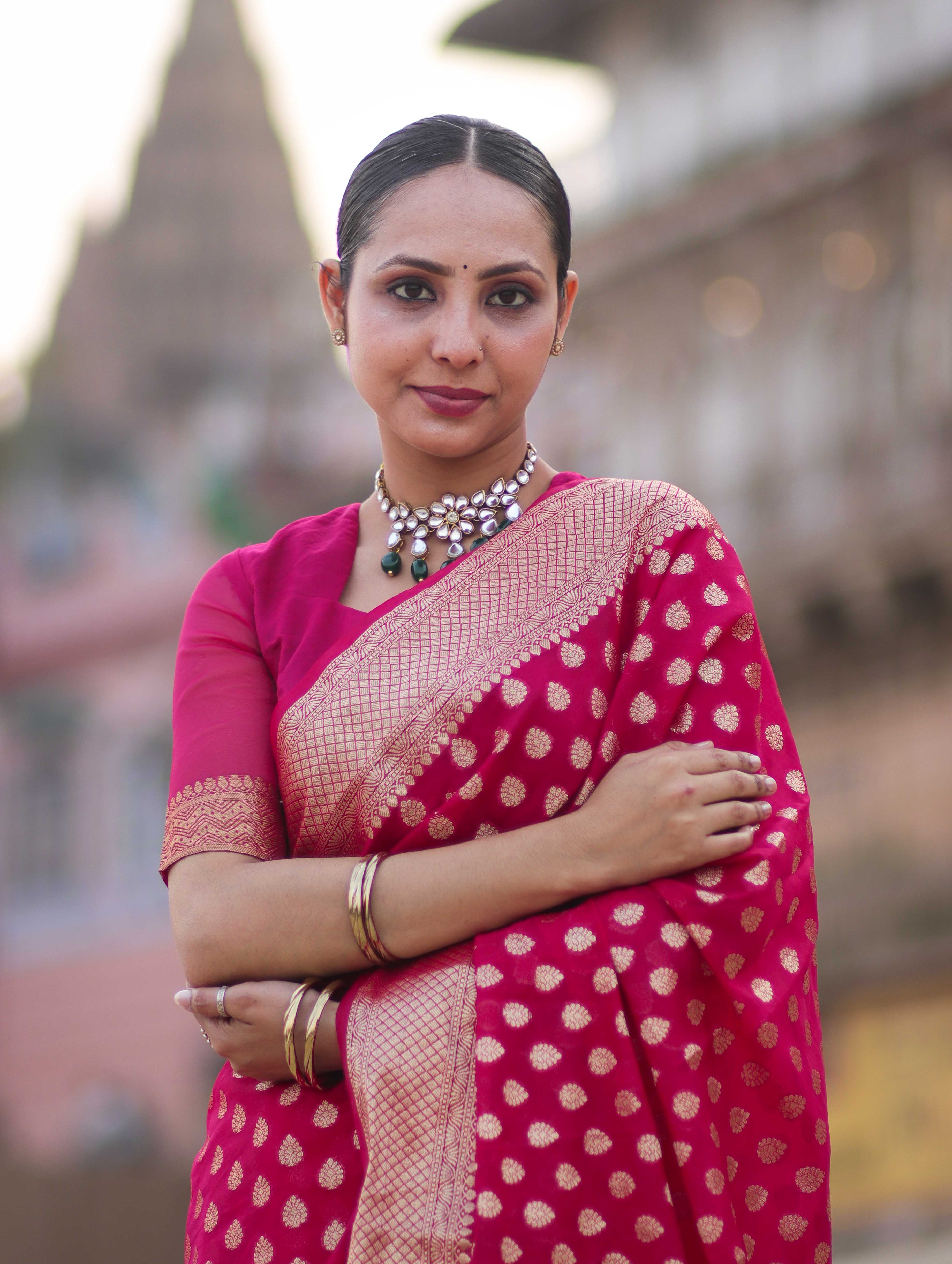 Banarasee Handwoven Georgette Saree With Zari Buta Design & Border-Pink