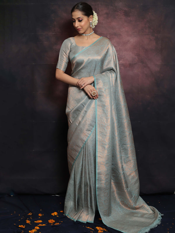 Banarasee Kubera Pattu Soft Silk Saree With Copper Zari Work-Pastel Blue