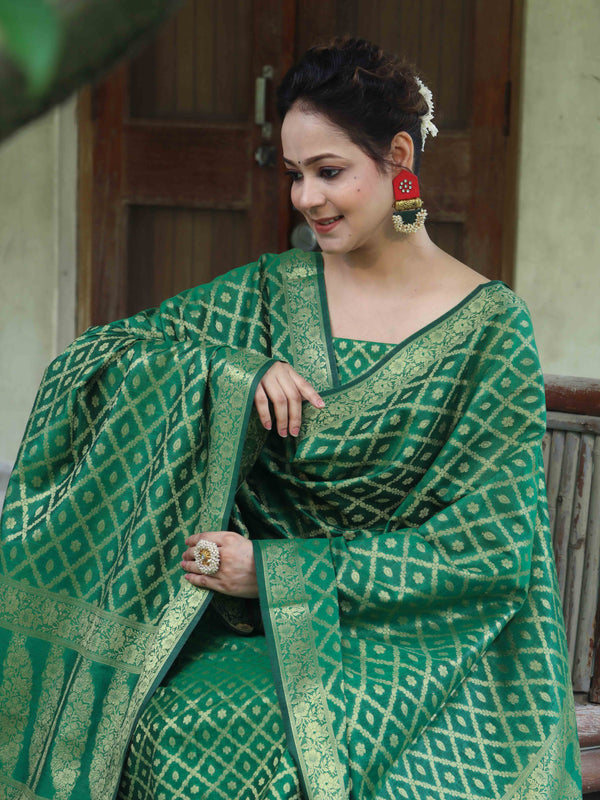 Banarasee Cotton Silk Zari Woven Salwar Kameez Dupatta Set-Green
