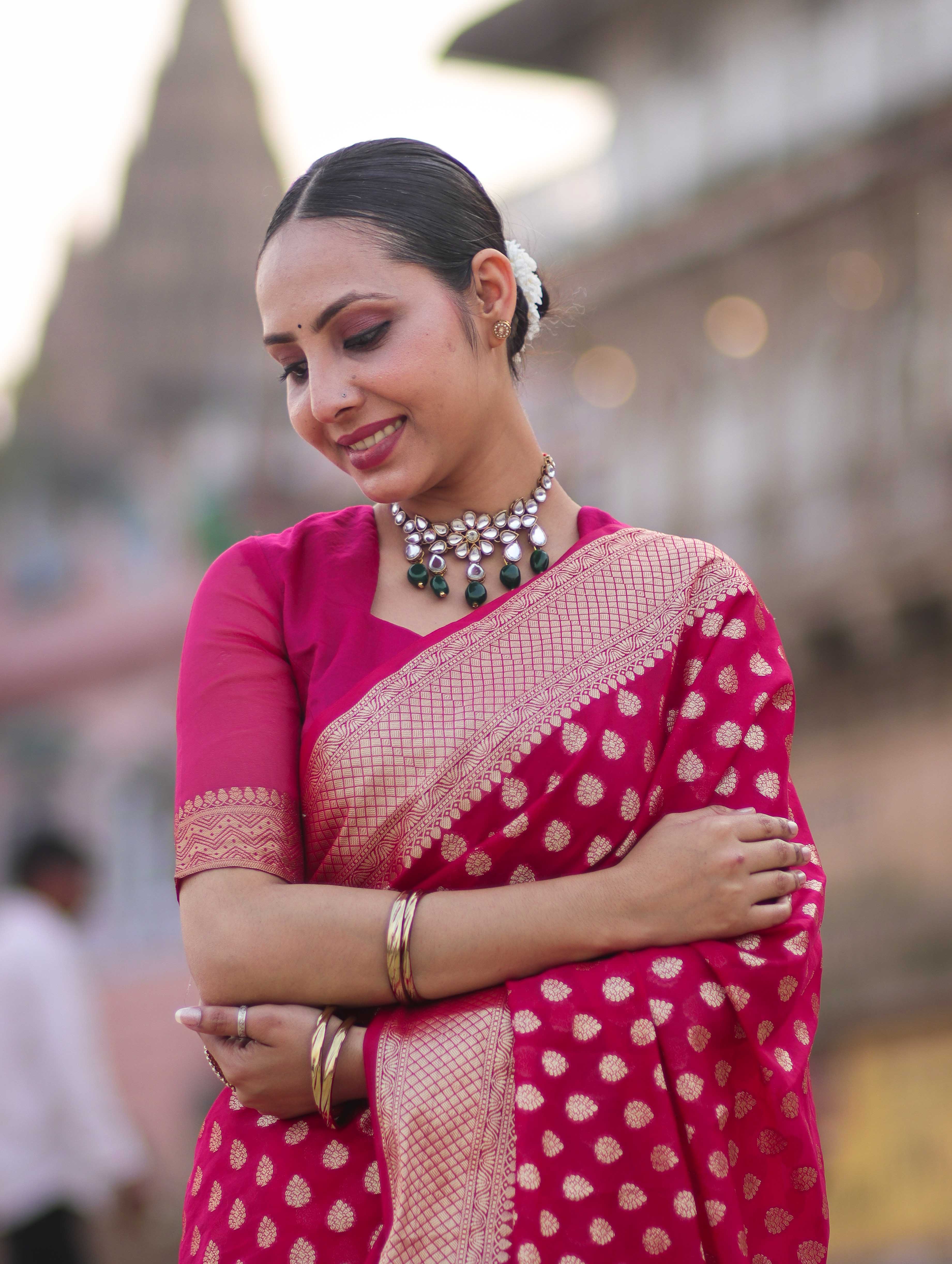 Banarasee Handwoven Georgette Saree With Zari Buta Design & Border-Pink