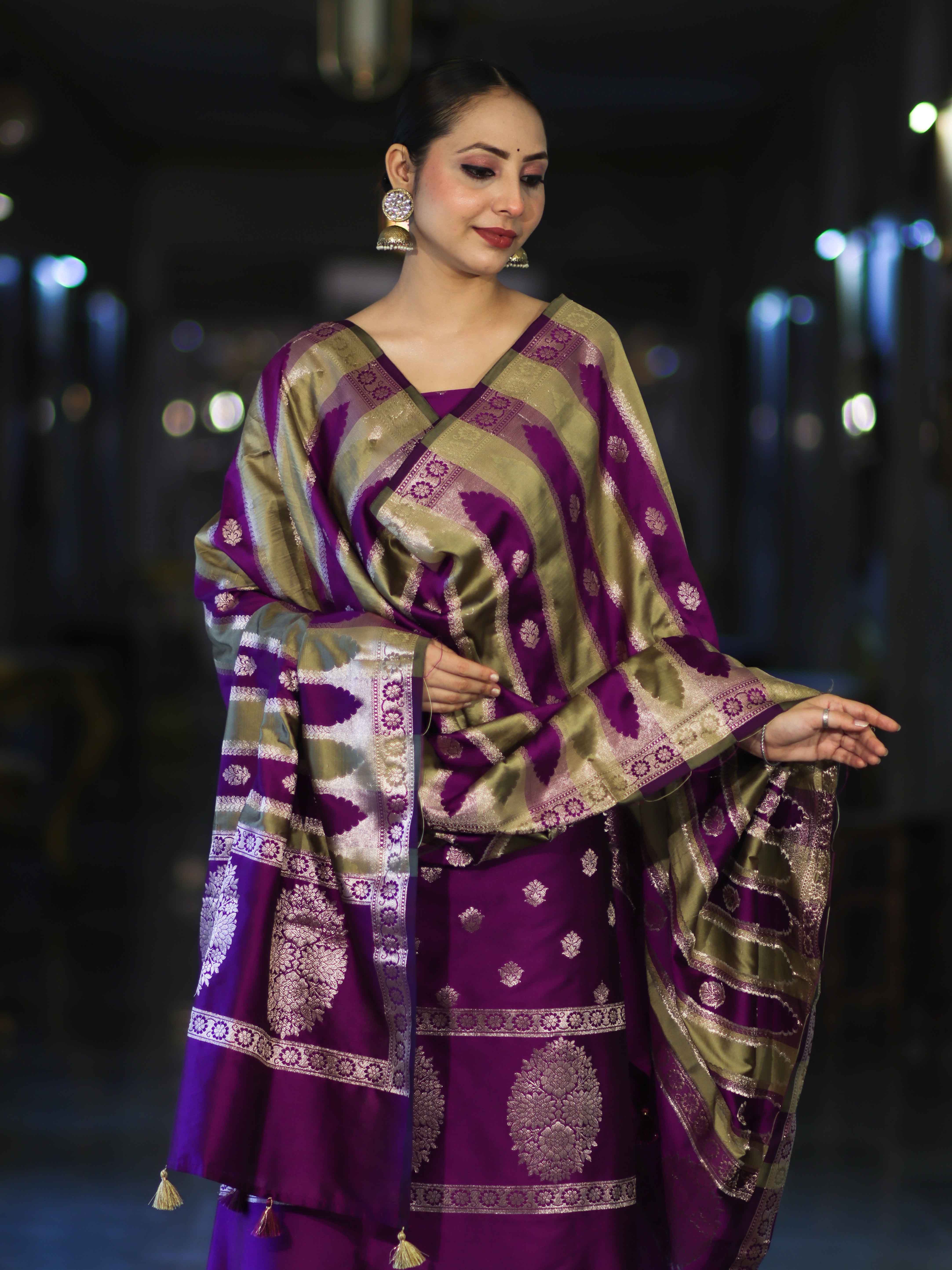 Banarasee Semi Katan Zari Work Salwar Kameez Fabric With Dupatta Set-Violet