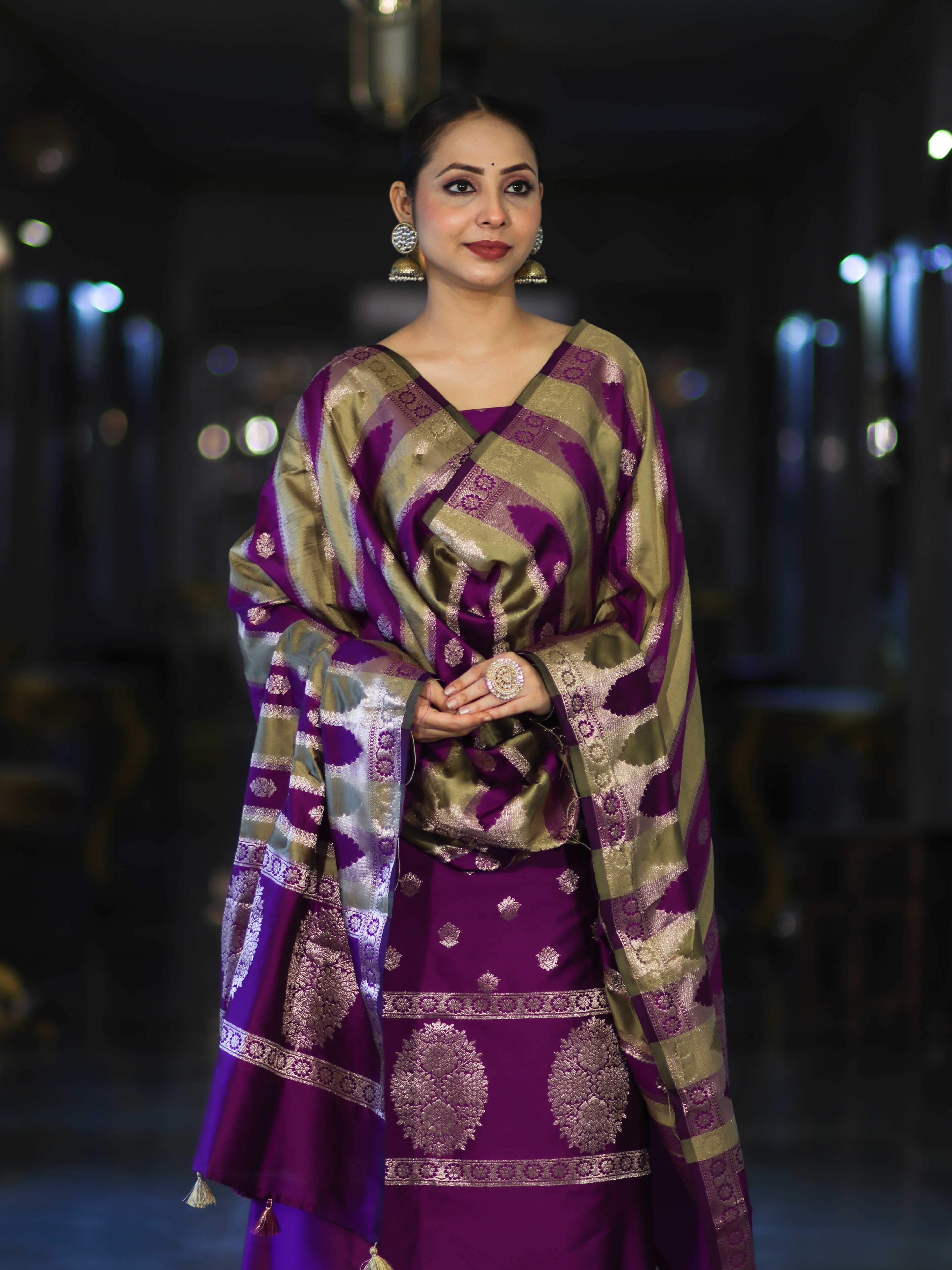 Banarasee Semi Katan Zari Work Salwar Kameez Fabric With Dupatta Set-Violet