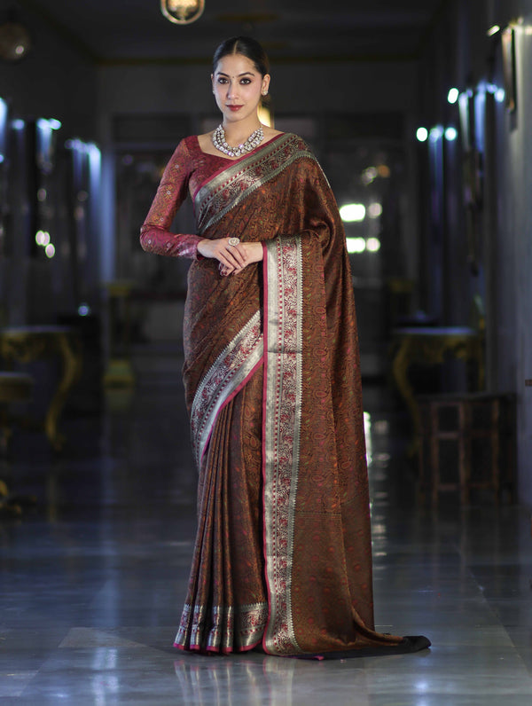 Banarasee Jamewar Tanchoi Soft Silk Saree with Contrast Border-Brown