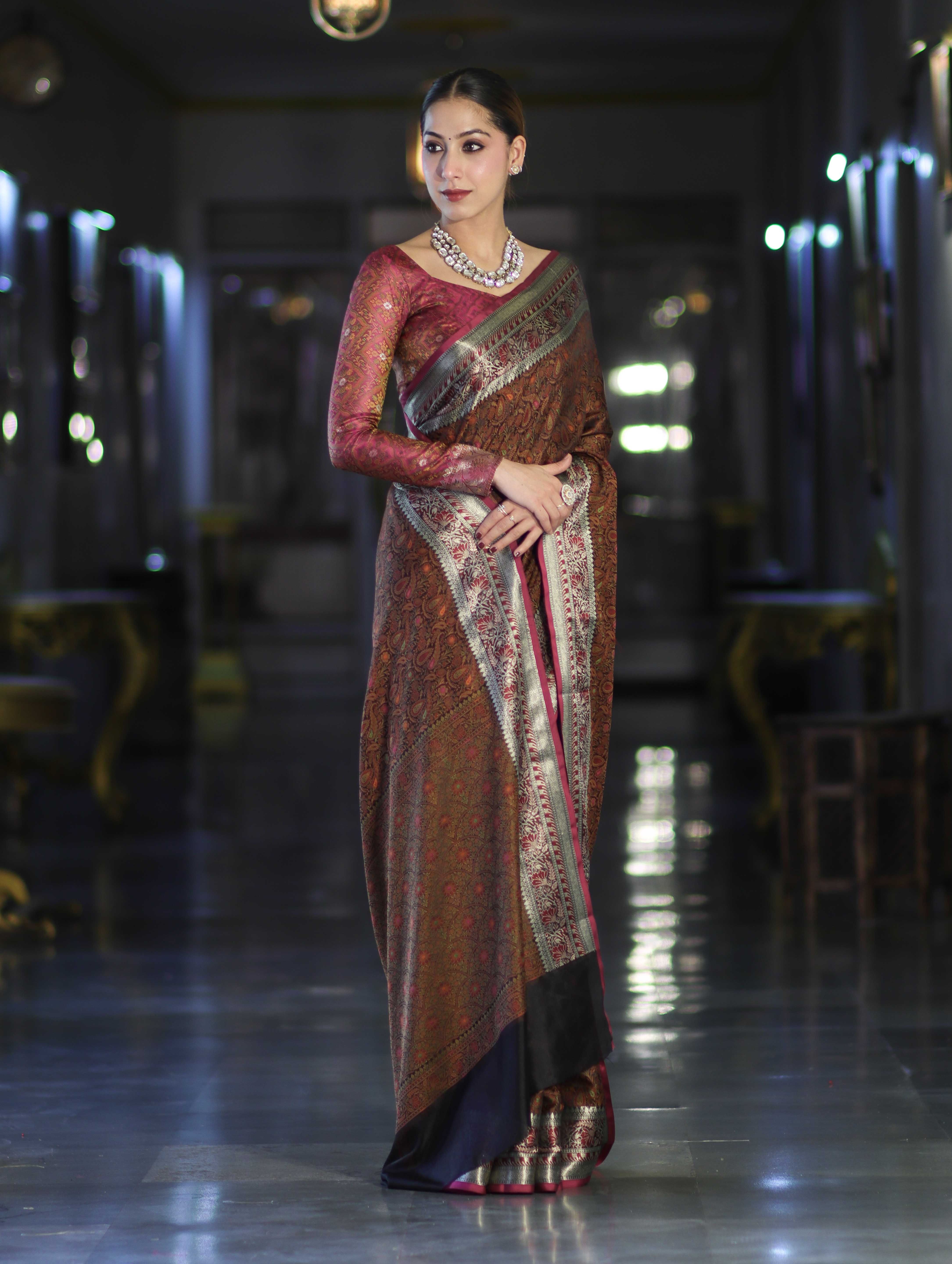 Banarasee Jamewar Tanchoi Soft Silk Saree with Contrast Border-Brown