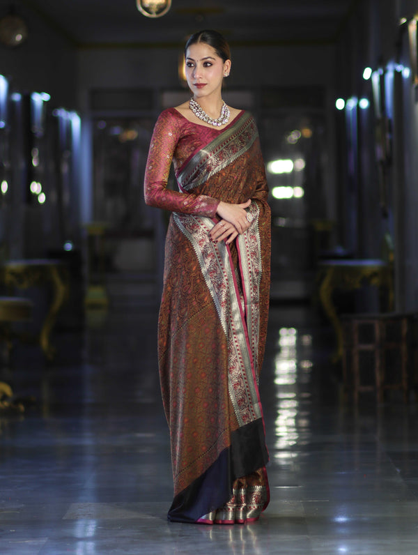 Banarasee Jamewar Tanchoi Soft Silk Saree with Contrast Border-Brown