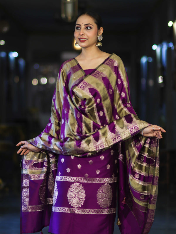 Banarasee Semi Katan Zari Work Salwar Kameez Fabric With Dupatta Set-Violet