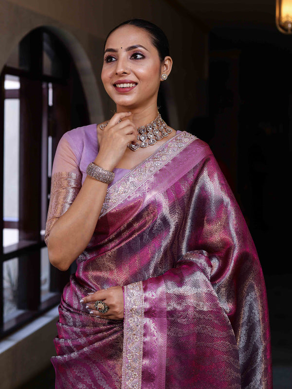 Banarasee Handwoven Tissue Saree With Zari Woven Design Contrast Border & Lace-Magenta and Light Pink