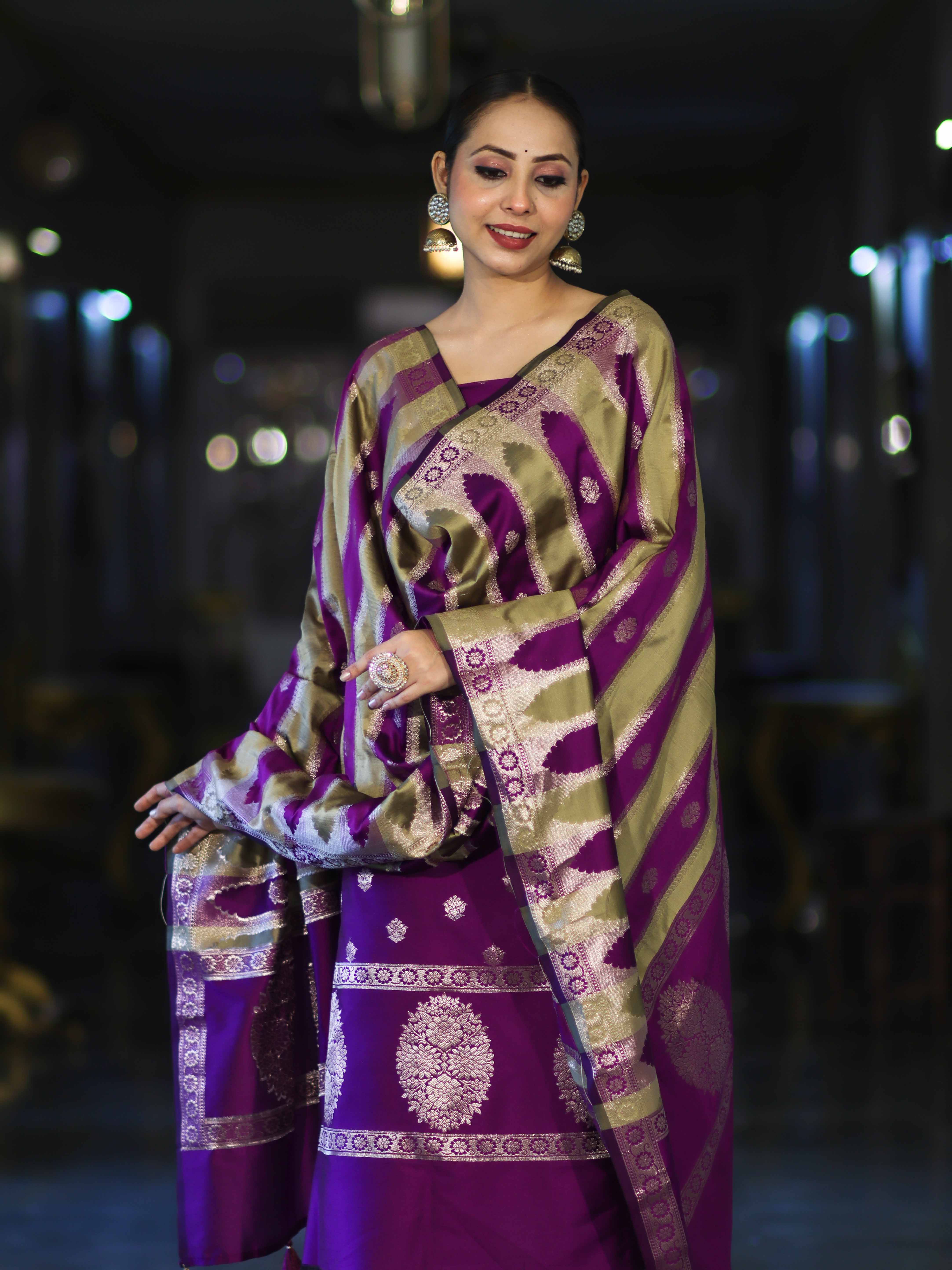 Banarasee Semi Katan Zari Work Salwar Kameez Fabric With Dupatta Set-Violet