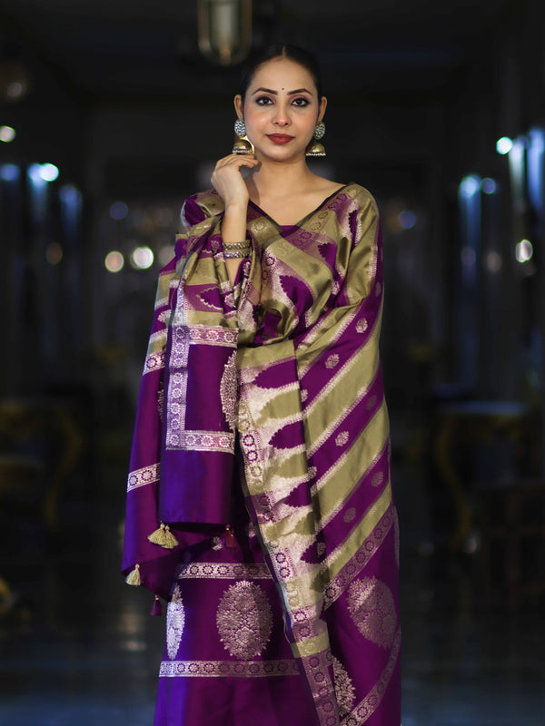 Banarasee Semi Katan Zari Work Salwar Kameez Fabric With Dupatta Set-Violet