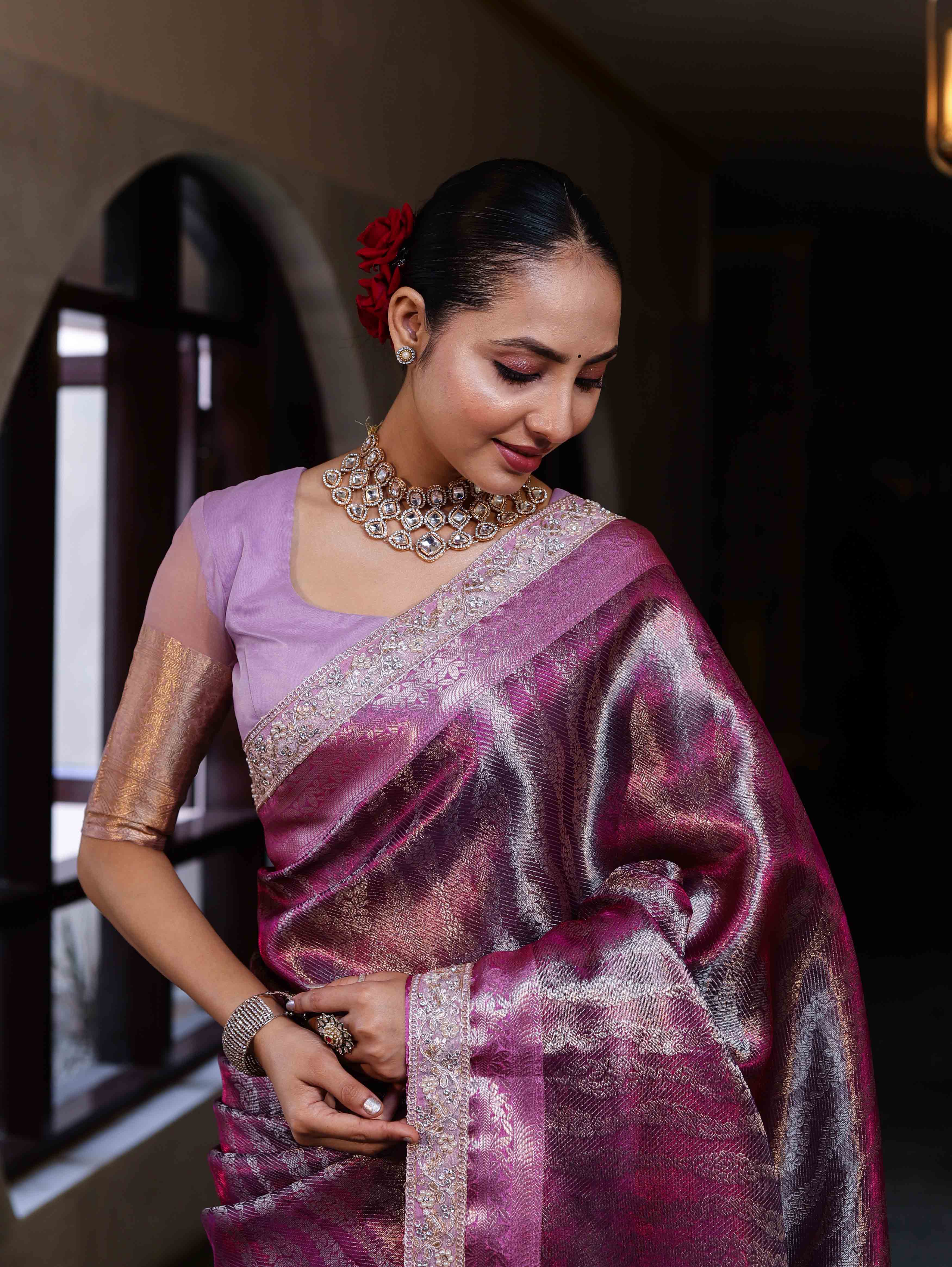 Banarasee Handwoven Tissue Saree With Zari Woven Design Contrast Border & Lace-Magenta and Light Pink