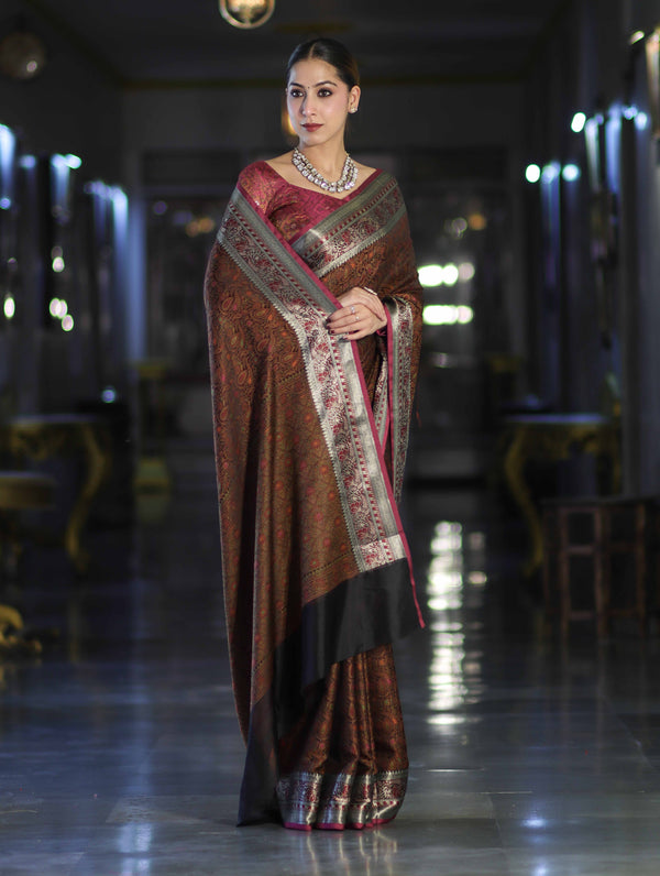 Banarasee Jamewar Tanchoi Soft Silk Saree with Contrast Border-Brown