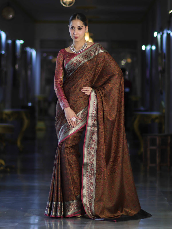 Banarasee Jamewar Tanchoi Soft Silk Saree with Contrast Border-Brown