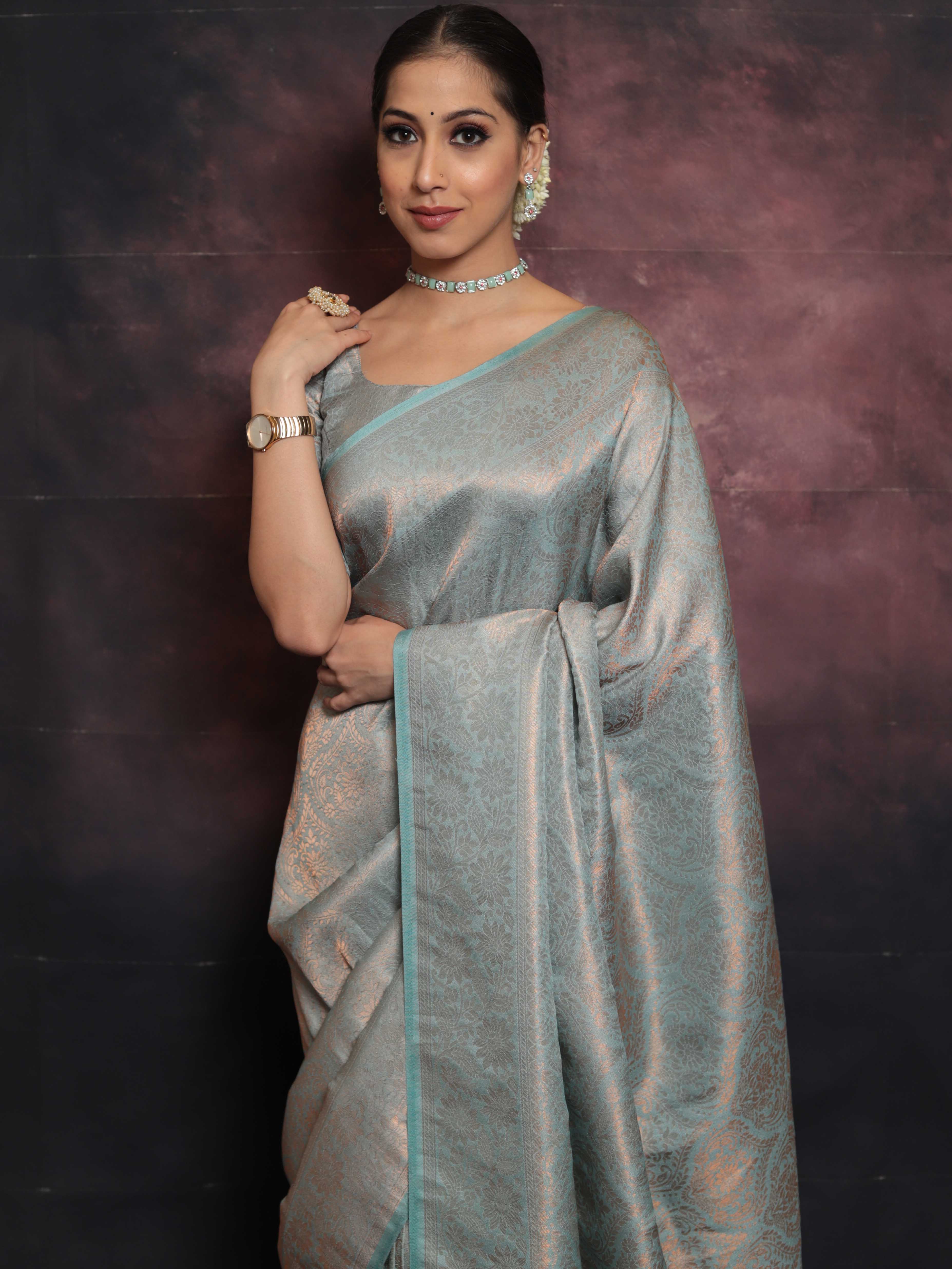 Banarasee Kubera Pattu Soft Silk Saree With Copper Zari Work-Pastel Blue