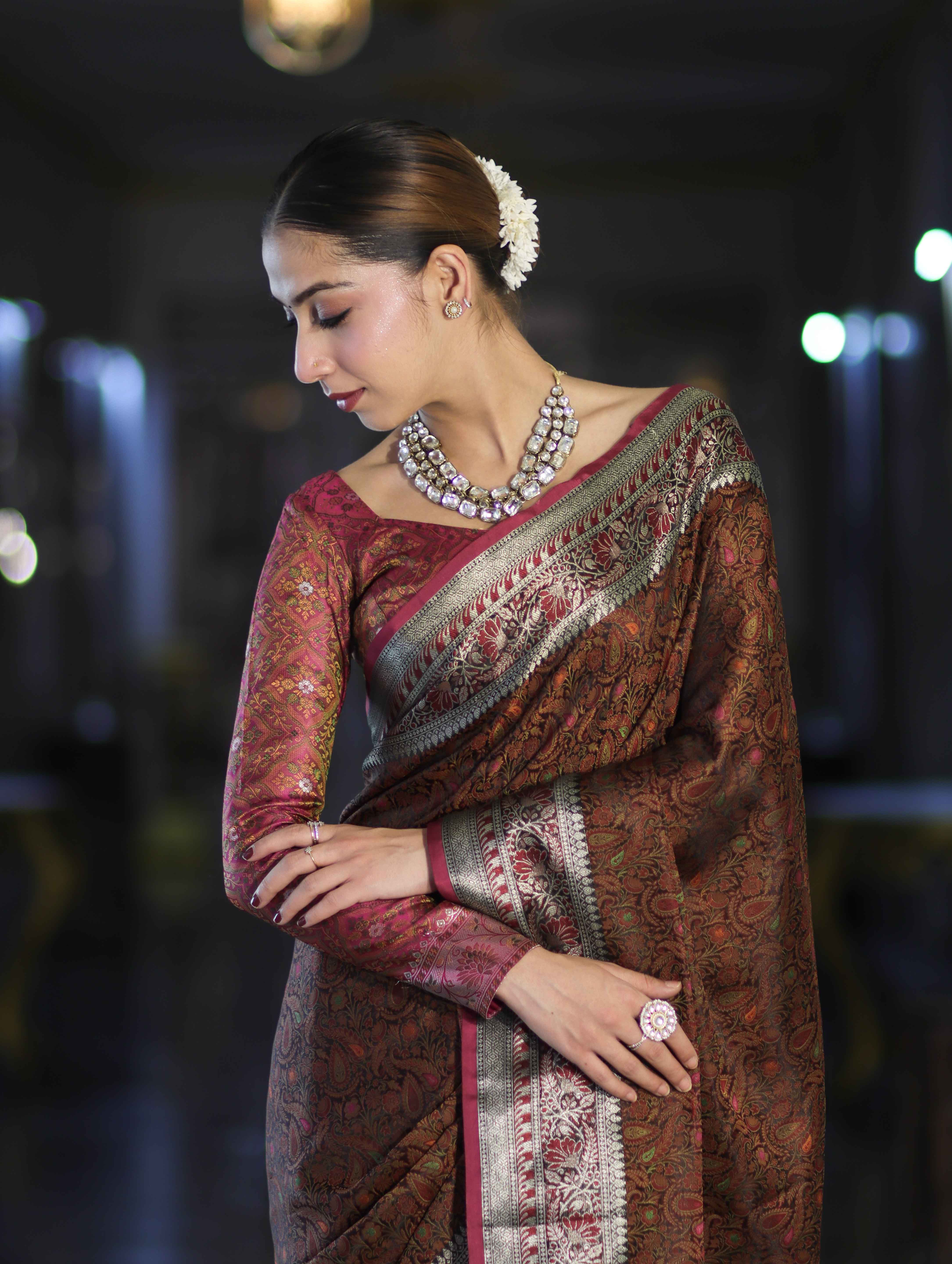 Banarasee Jamewar Tanchoi Soft Silk Saree with Contrast Border-Brown