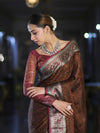 Banarasee Jamewar Tanchoi Soft Silk Saree with Contrast Border-Brown