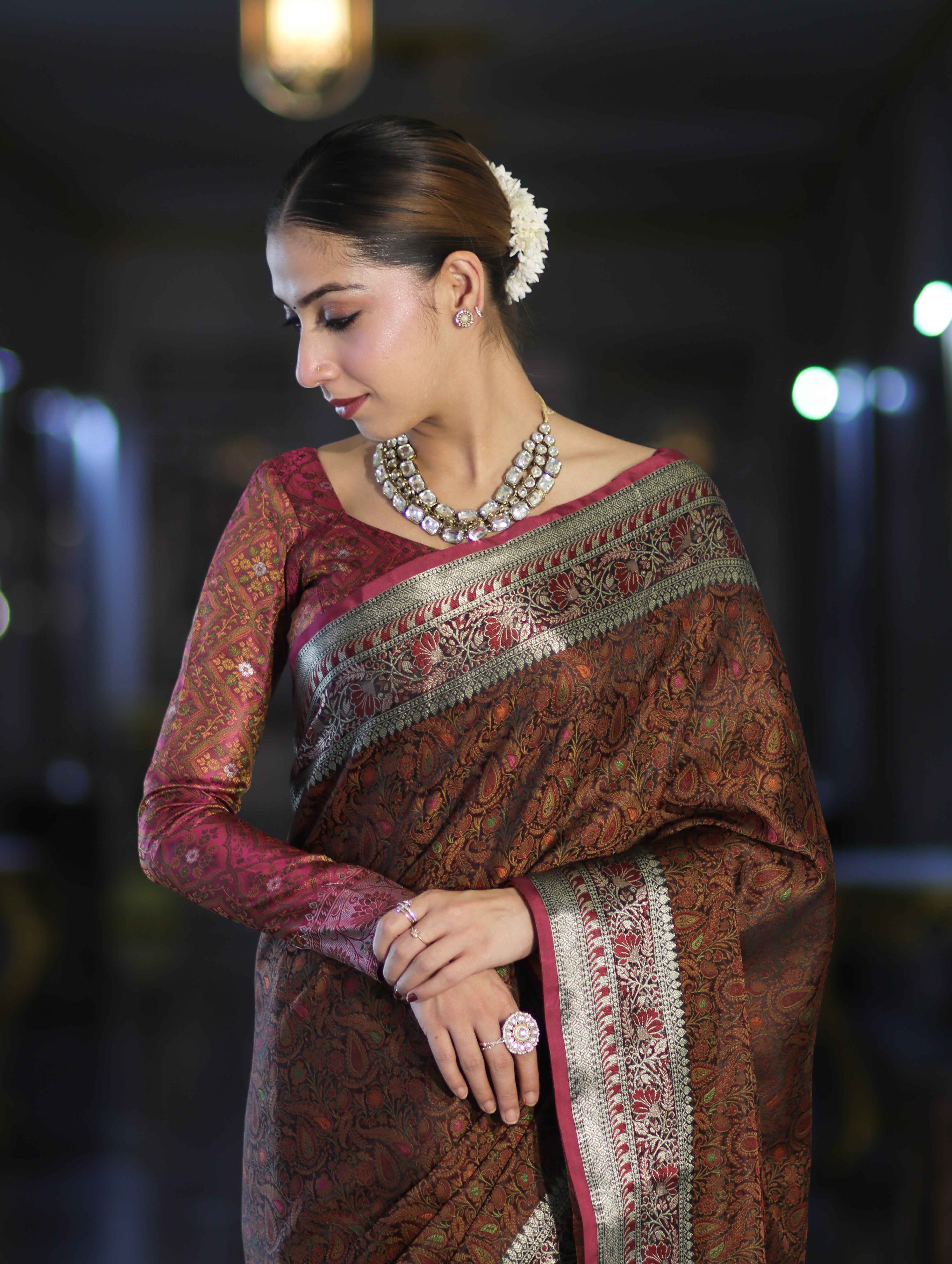 Banarasee Jamewar Tanchoi Soft Silk Saree with Contrast Border-Brown