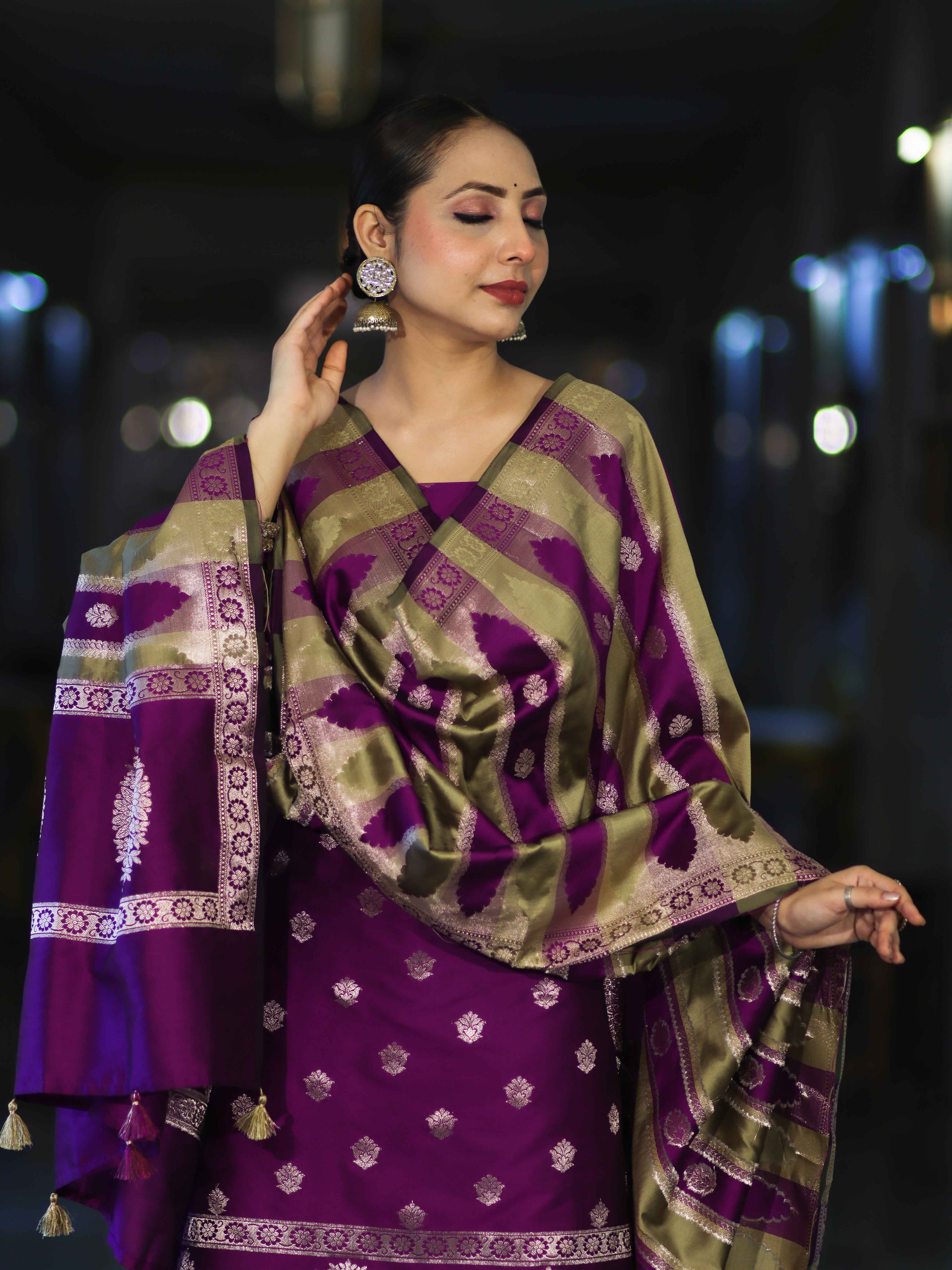 Banarasee Semi Katan Zari Work Salwar Kameez Fabric With Dupatta Set-Violet