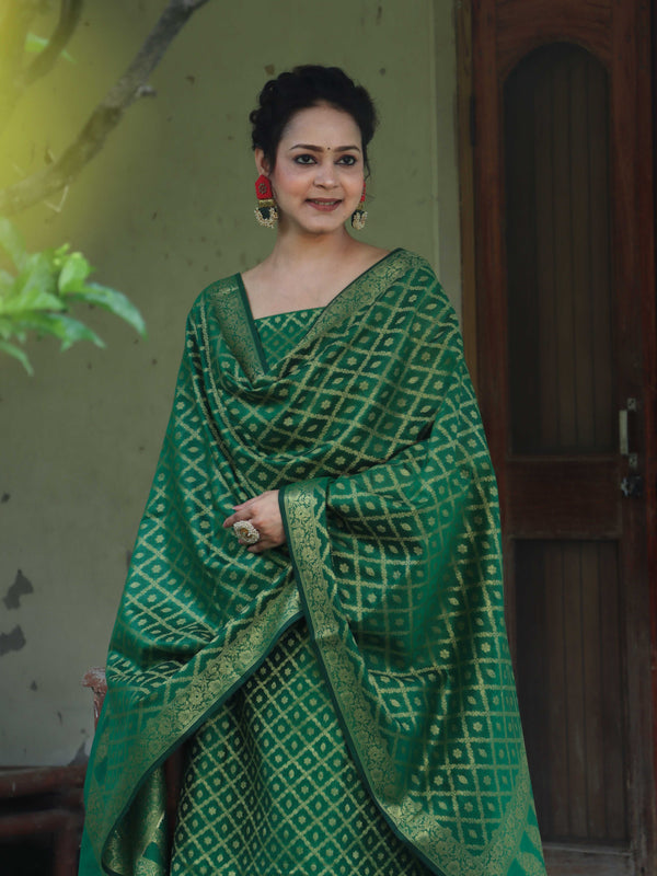 Banarasee Cotton Silk Zari Woven Salwar Kameez Dupatta Set-Green