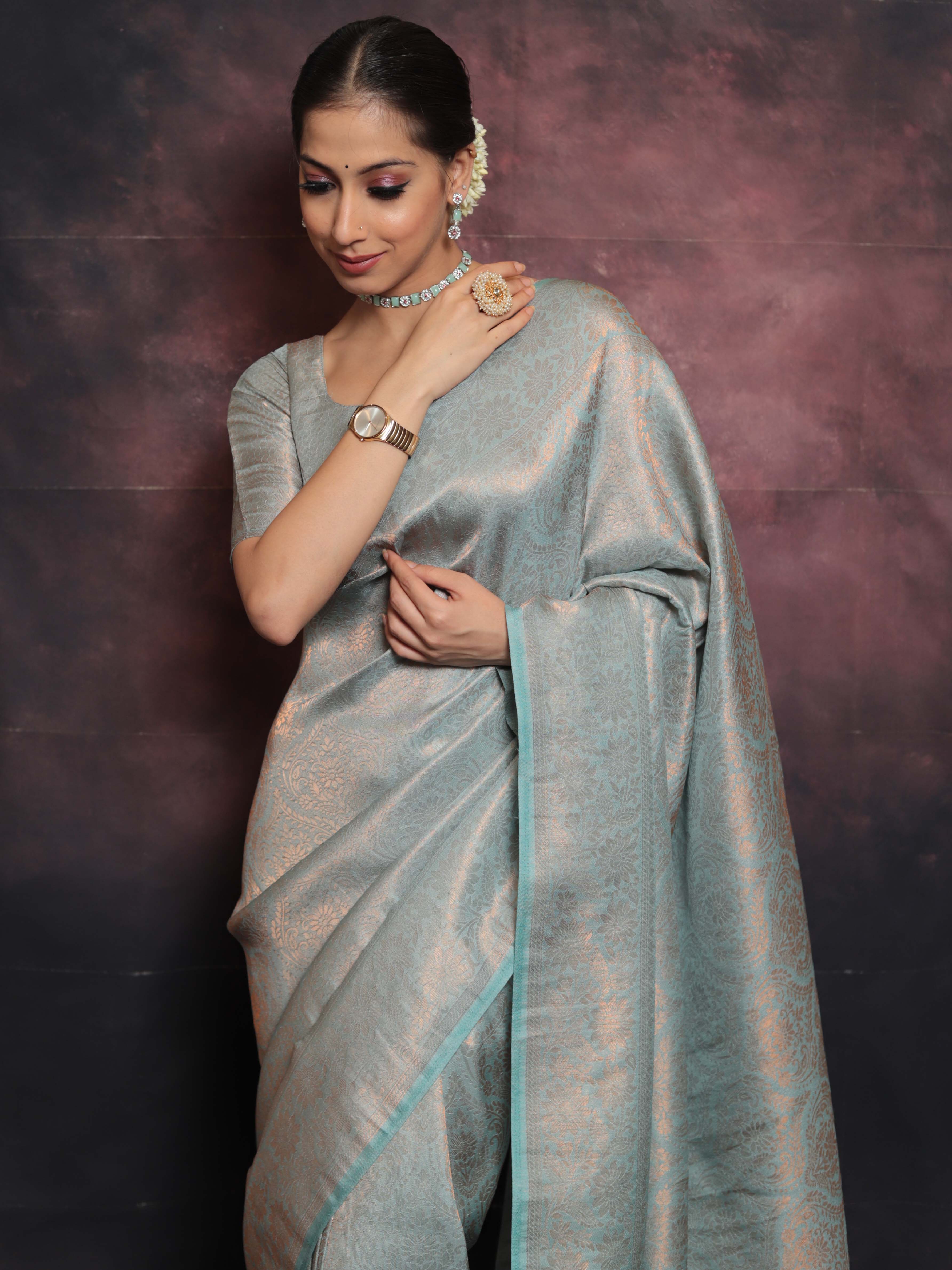 Banarasee Kubera Pattu Soft Silk Saree With Copper Zari Work-Pastel Blue