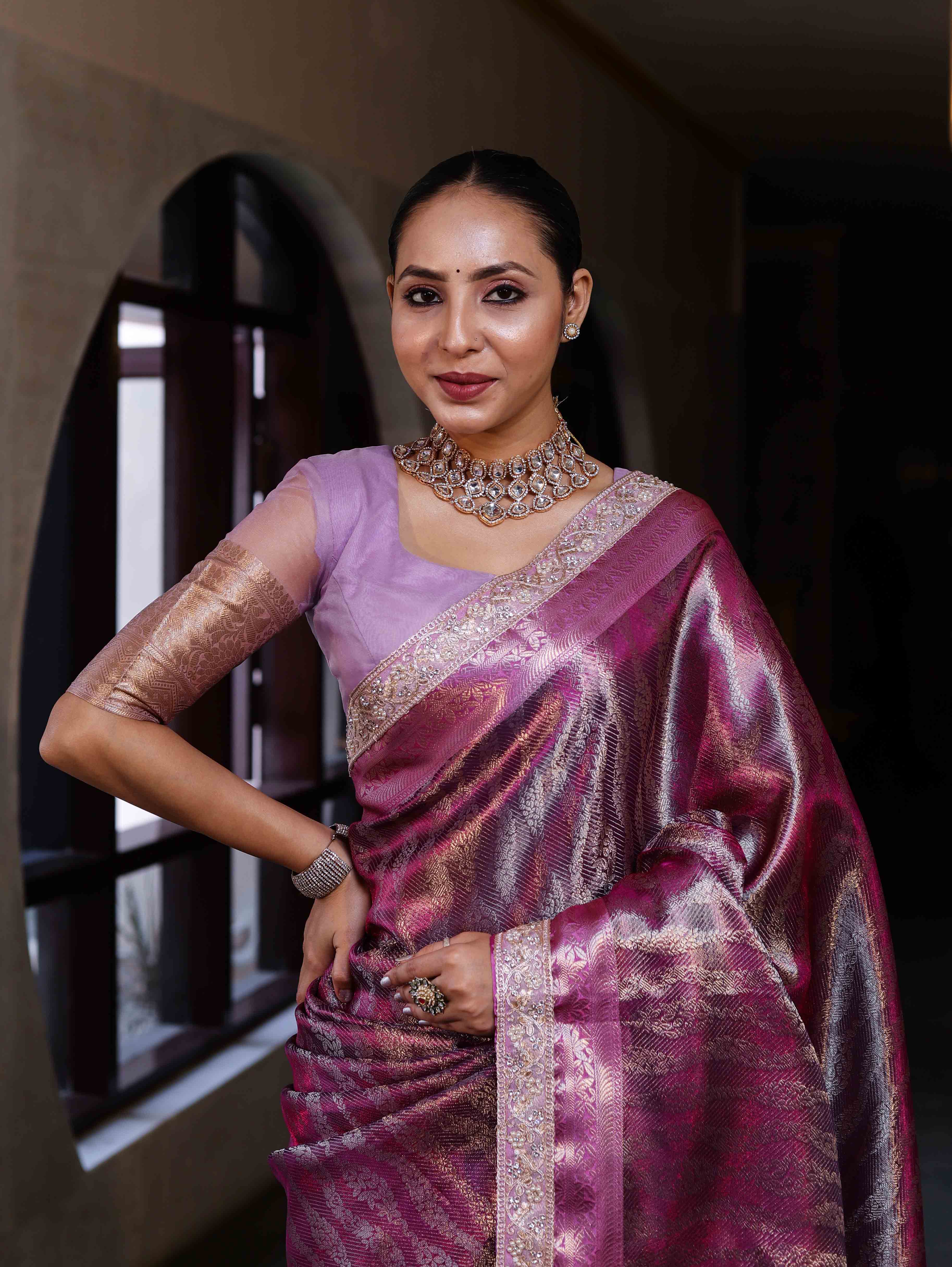 Banarasee Handwoven Tissue Saree With Zari Woven Design Contrast Border & Lace-Magenta and Light Pink