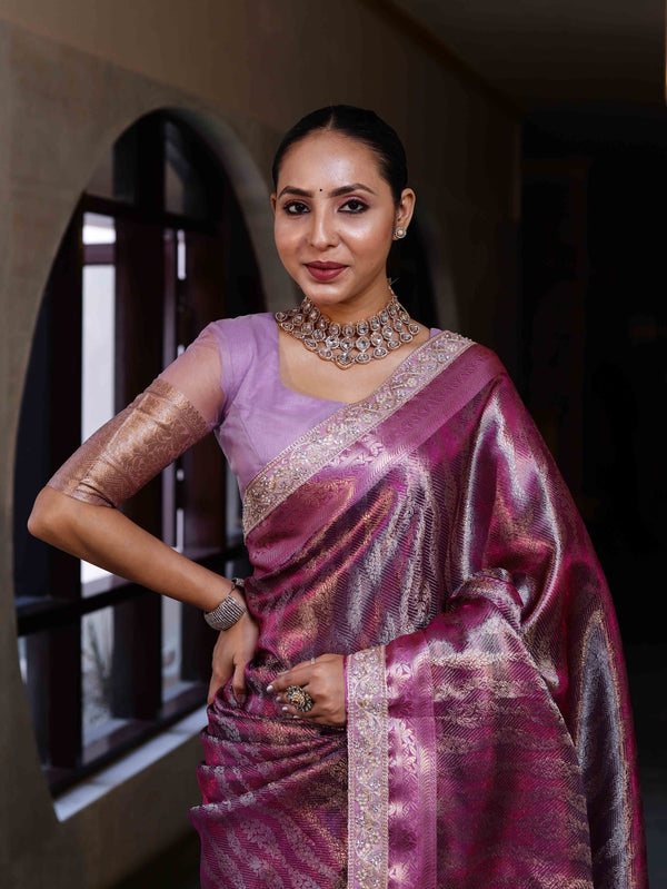 Banarasee Handwoven Tissue Saree With Zari Woven Design Contrast Border & Lace-Magenta and Light Pink