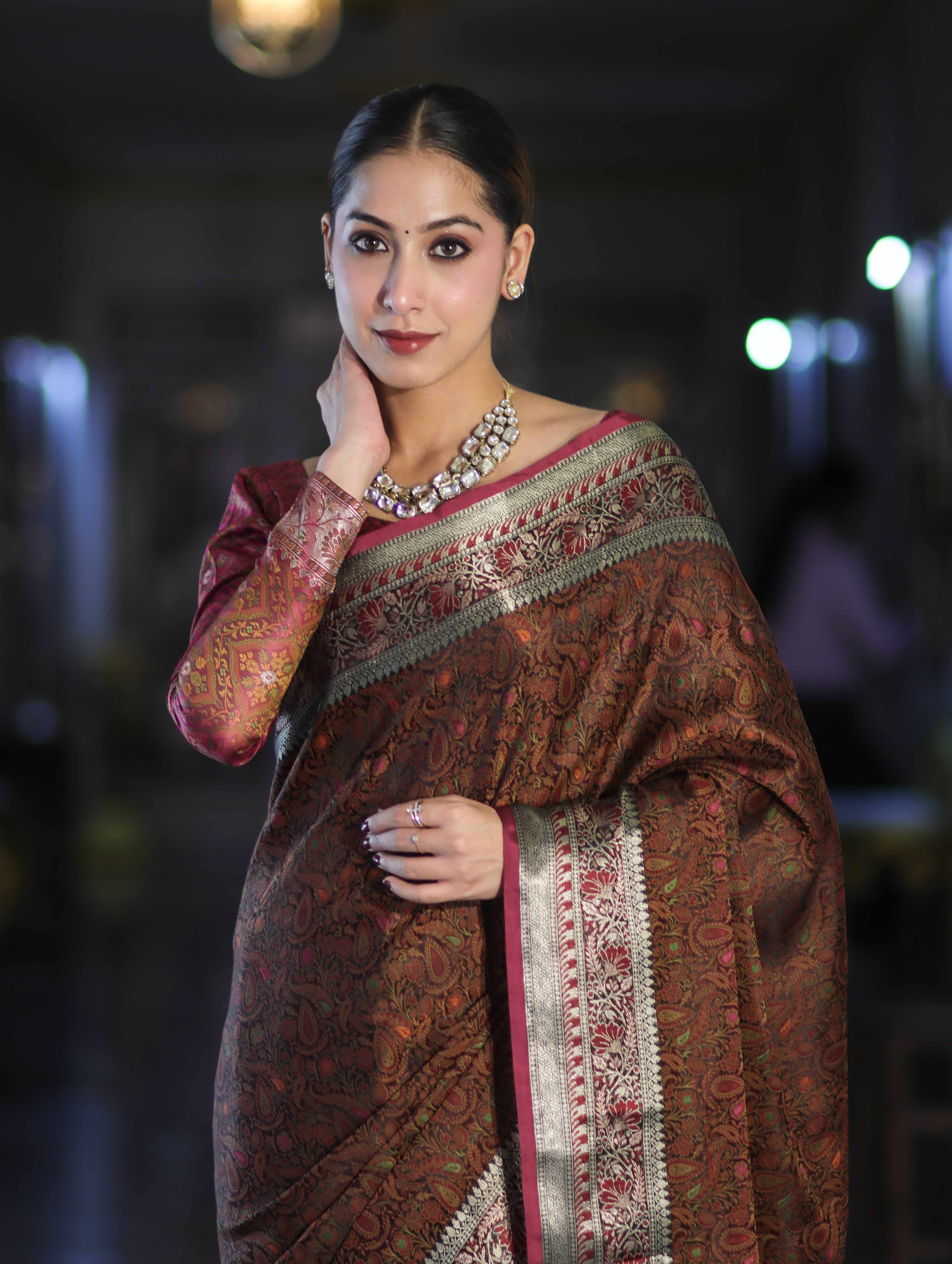 Banarasee Jamewar Tanchoi Soft Silk Saree with Contrast Border-Brown