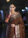 Banarasee Jamewar Tanchoi Soft Silk Saree with Contrast Border-Brown
