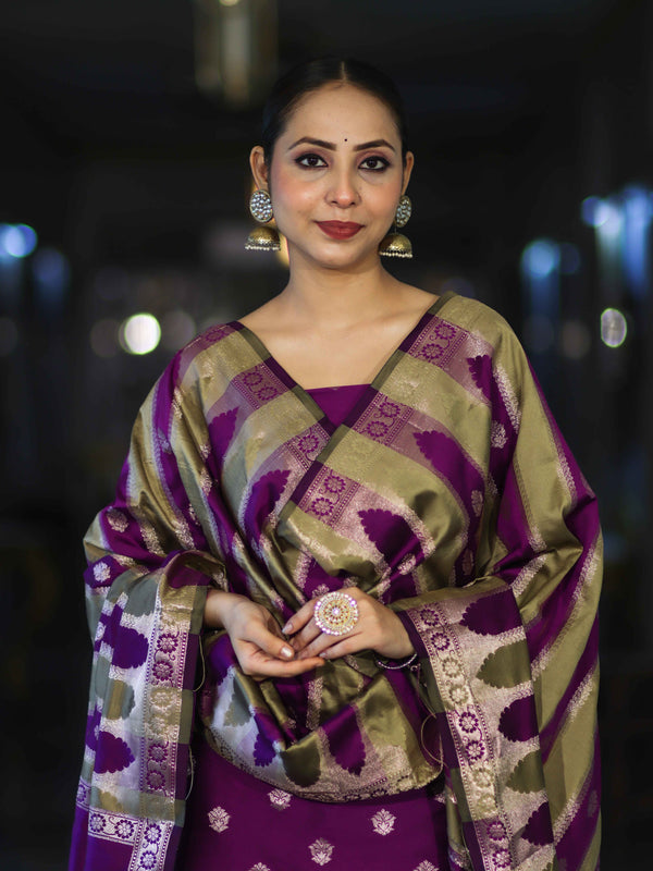 Banarasee Semi Katan Zari Work Salwar Kameez Fabric With Dupatta Set-Violet