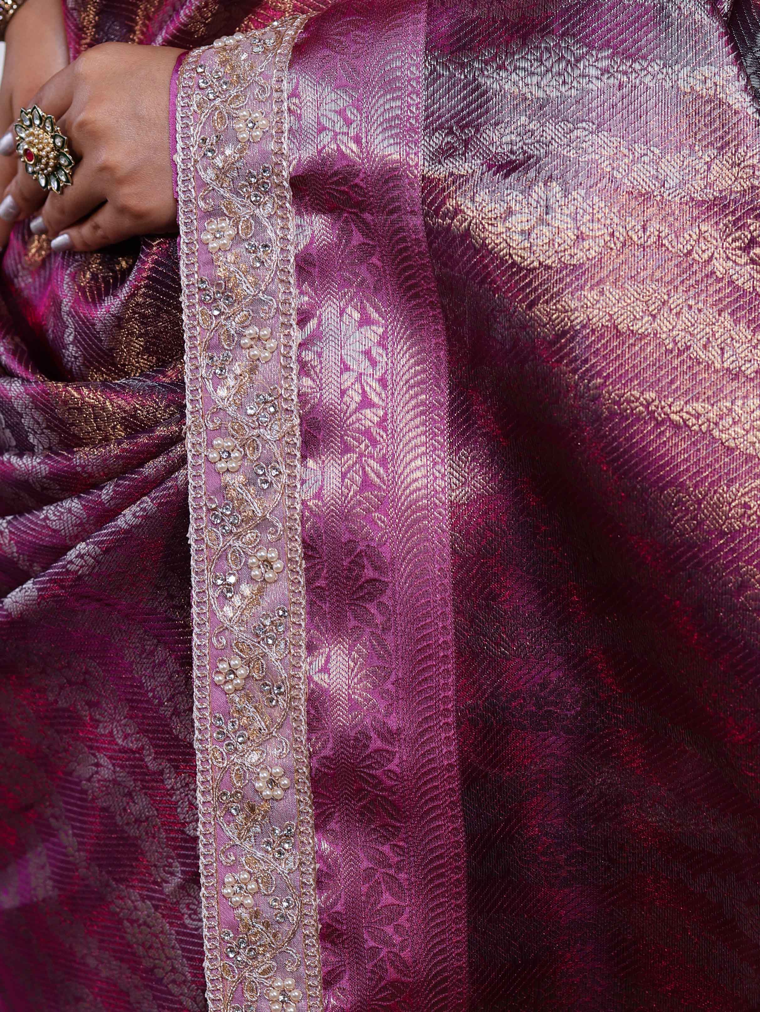 Banarasee Handwoven Tissue Saree With Zari Woven Design Contrast Border & Lace-Magenta and Light Pink