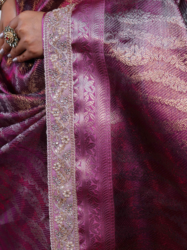 Banarasee Handwoven Tissue Saree With Zari Woven Design Contrast Border & Lace-Magenta and Light Pink